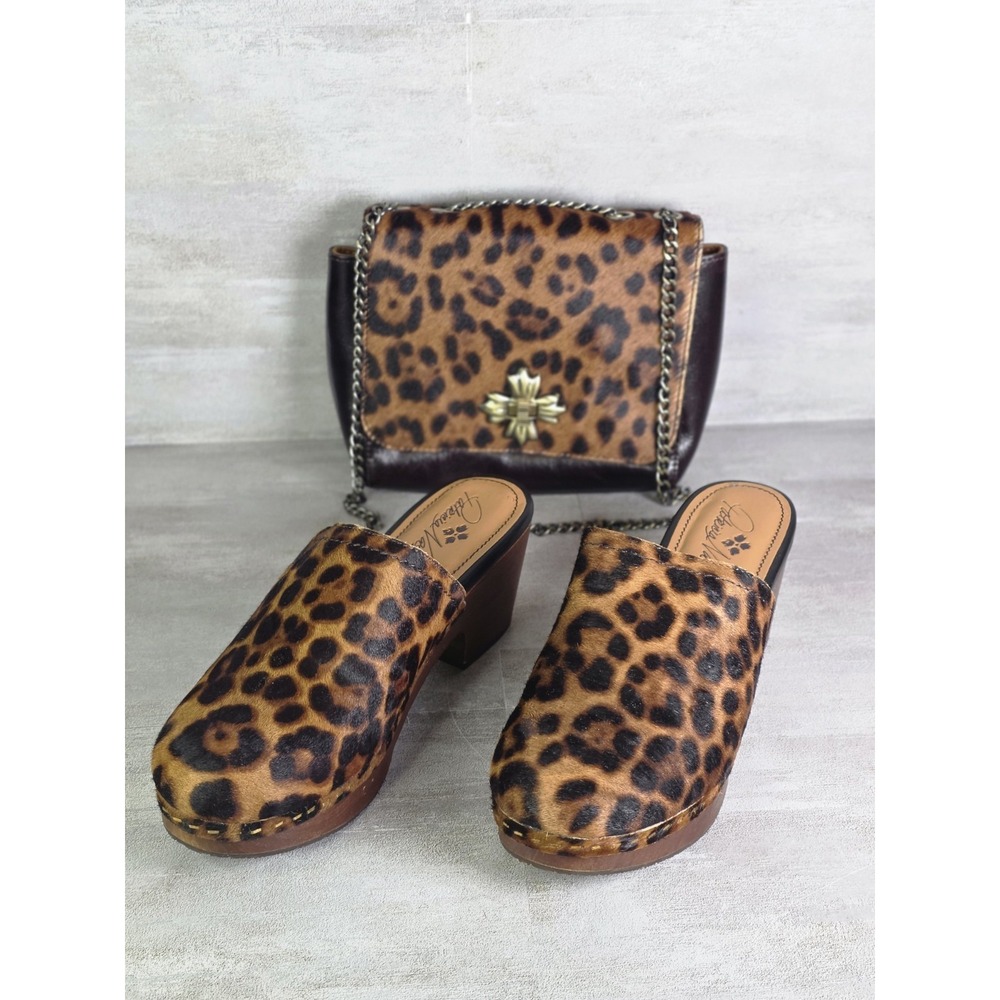 Lot Patricia Nash Laura Leather Calf Hair Clog Mule 7 & Crossbody Bag Leopard